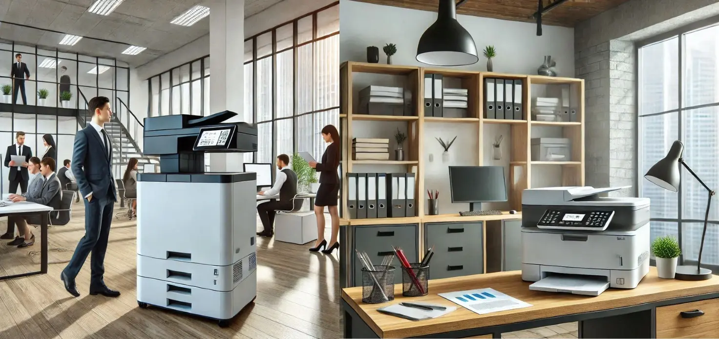 Modern office printer in a professional workspace, ready for document printing.