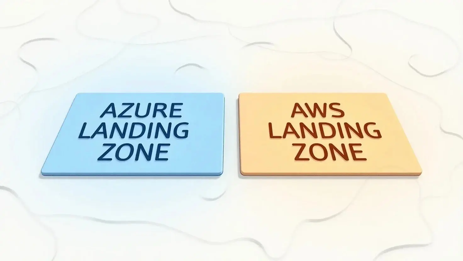 Two signs side by side: "AZURE LANDING ZONE" in blue and "AWS LANDING ZONE" in orange. 