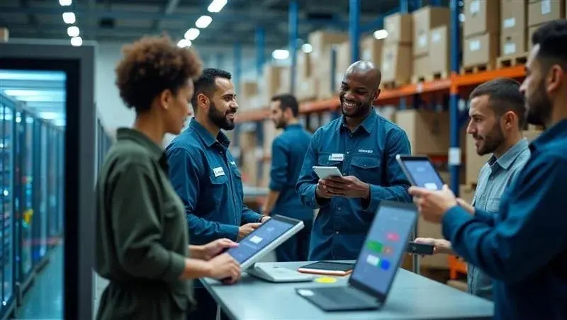 A group of people in a warehouse, wearing blue uniforms, gathered around a table with electronic devices.